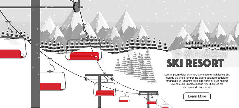 滑雪胜地，提升平面矢量插图。冬季活动宣传，矢量插画。瑞士阿尔卑斯山，滑雪山，冬季网页横幅设计。阿尔卑斯山，冷杉树，山峦广博全景背景。