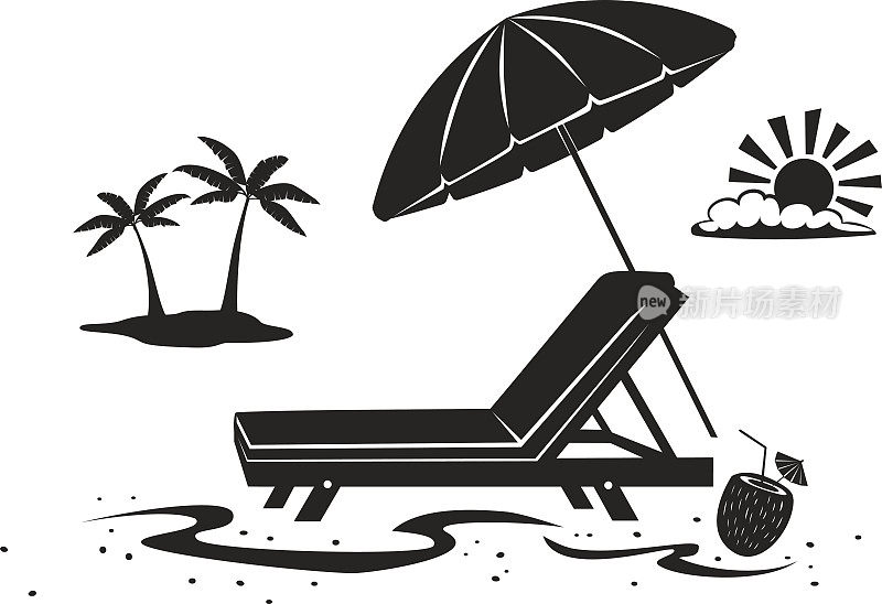 夏日海滩时间度假剪影背景与伞，太阳躺椅和棕榈树在海边