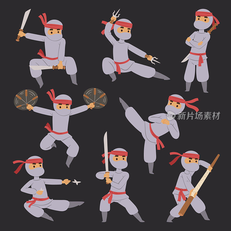 不同姿态的忍者战士在布字符武士日本人卡通人向量人