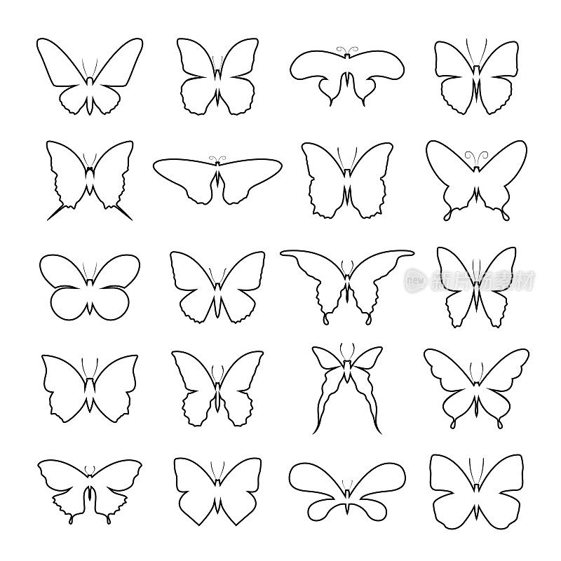 白色背景上蝴蝶的群形状矢量。蝴蝶图标。昆虫。