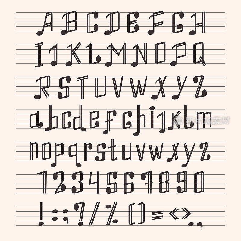 音乐装饰笔记字母表字体手记号乐谱abc排印字形纸书矢量插图