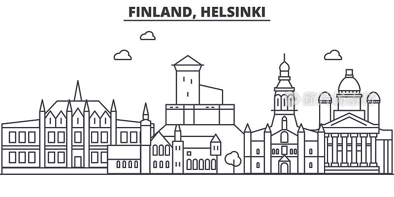 芬兰，赫尔辛基建筑线天际线插图。线性向量的城市景观与著名的地标，城市景观，设计图标。风景与可编辑的笔触