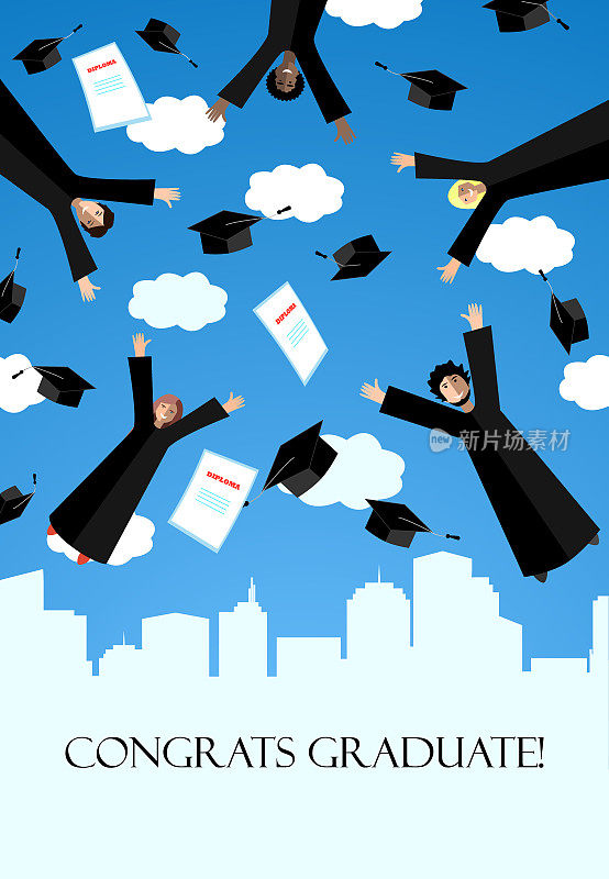 快乐的毕业生戴着毕业帽在空中飞翔。跳跃的学生和毕业帽在天空中。向量的名片。