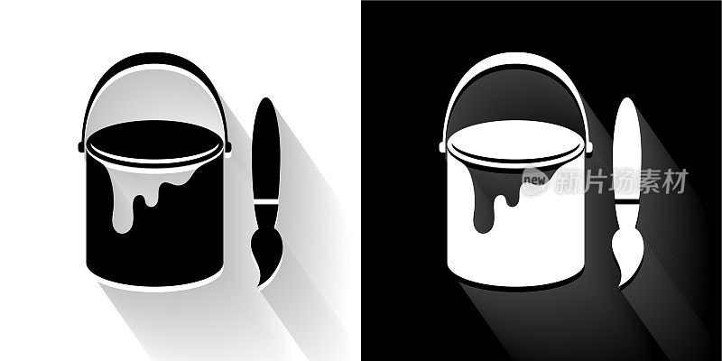 桶和油漆刷黑色和白色图标与长阴影