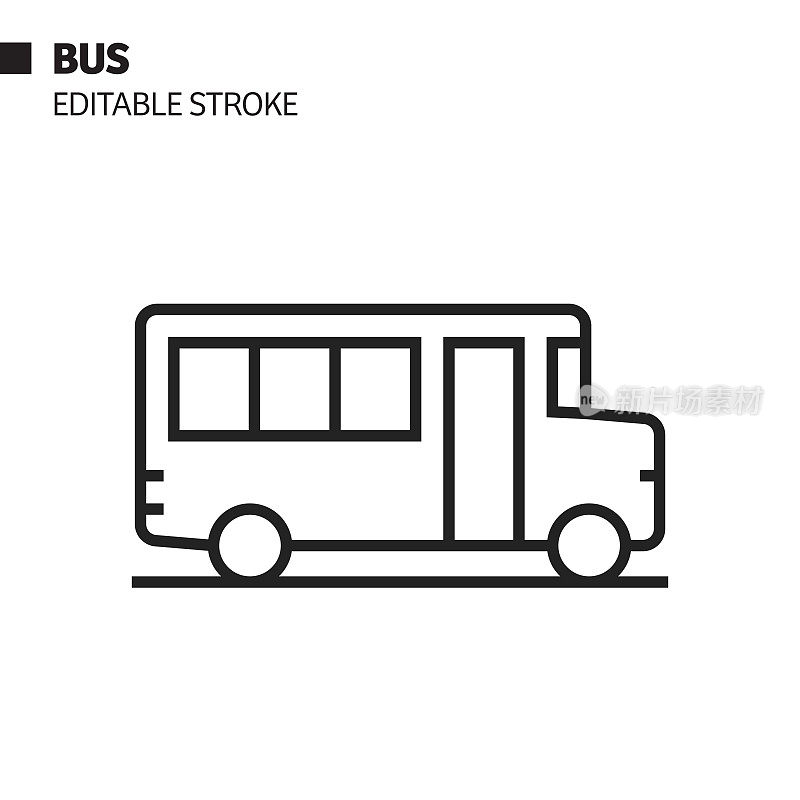 公交线路图标，轮廓矢量符号插图。完美像素，可编辑的描边。