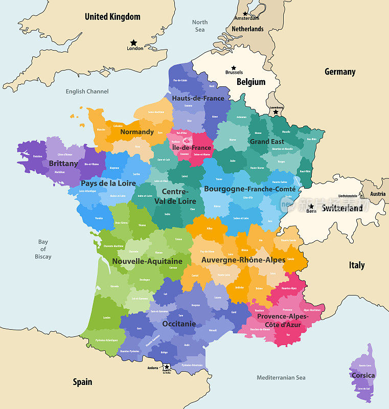 法国行政区域和部门矢量地图与邻国和领土
