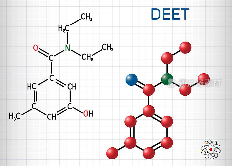 DEET，二乙基甲苯酰胺，N,N-二乙基间甲苯酰胺C12H17NO分子。它是驱虫剂的有效成分。结构化学式和分子模型。笼子里的一张纸