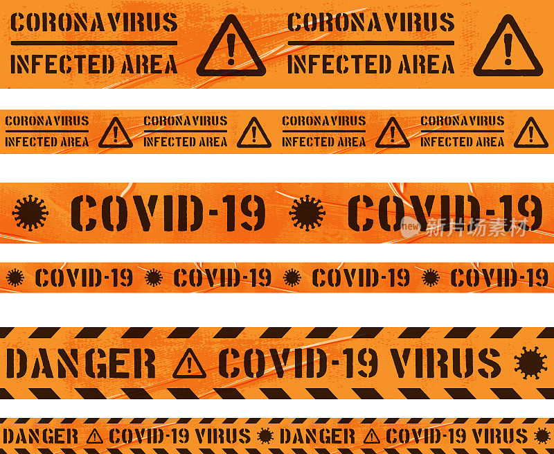 新冠病毒橙色贴花警戒线，白色上有冠状病毒图标