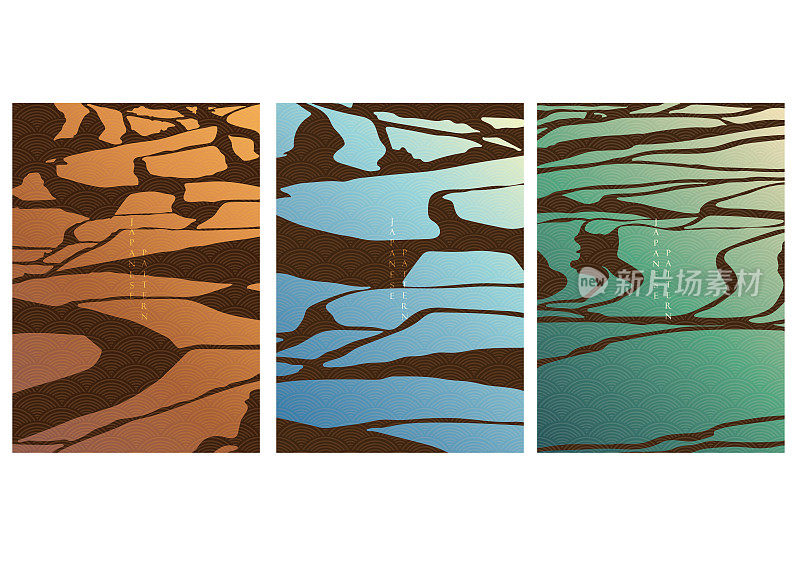 水稻梯田背景与日本波浪模式向量。抽象风格的稻田墙纸。