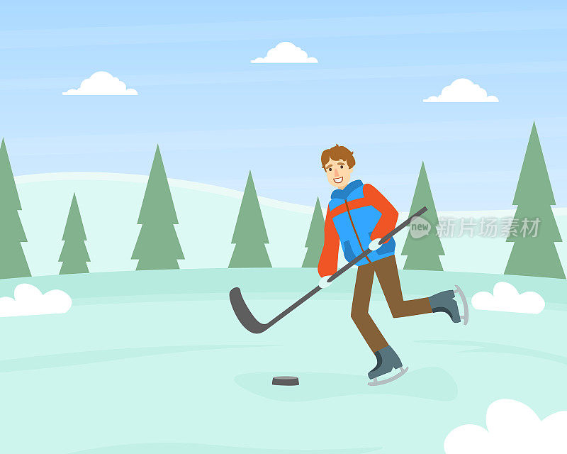 年轻男子穿着暖和的衣服打曲棍球，冬季运动户外活动矢量插图