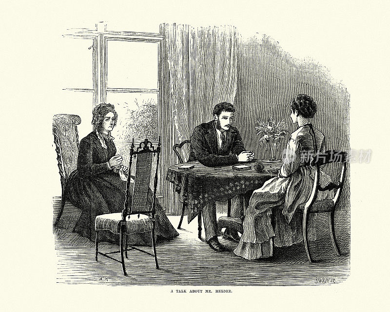 19世纪70年代的维多利亚家庭会议，男女围坐在圆桌上