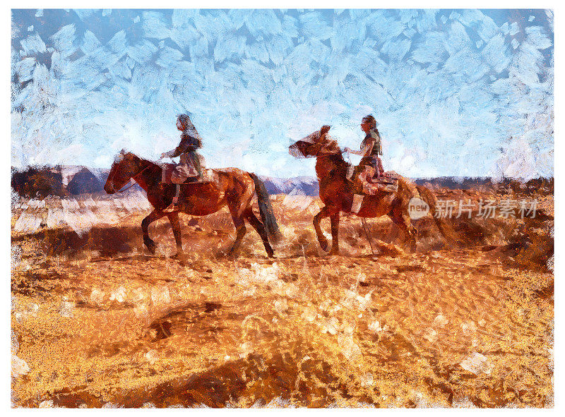 美国亚利桑那州纪念碑谷的两名纳瓦霍姐妹骑在马上