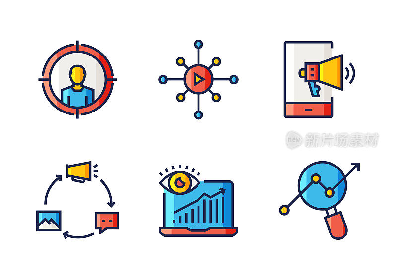 内容营销平面线图标，轮廓向量符号插图。