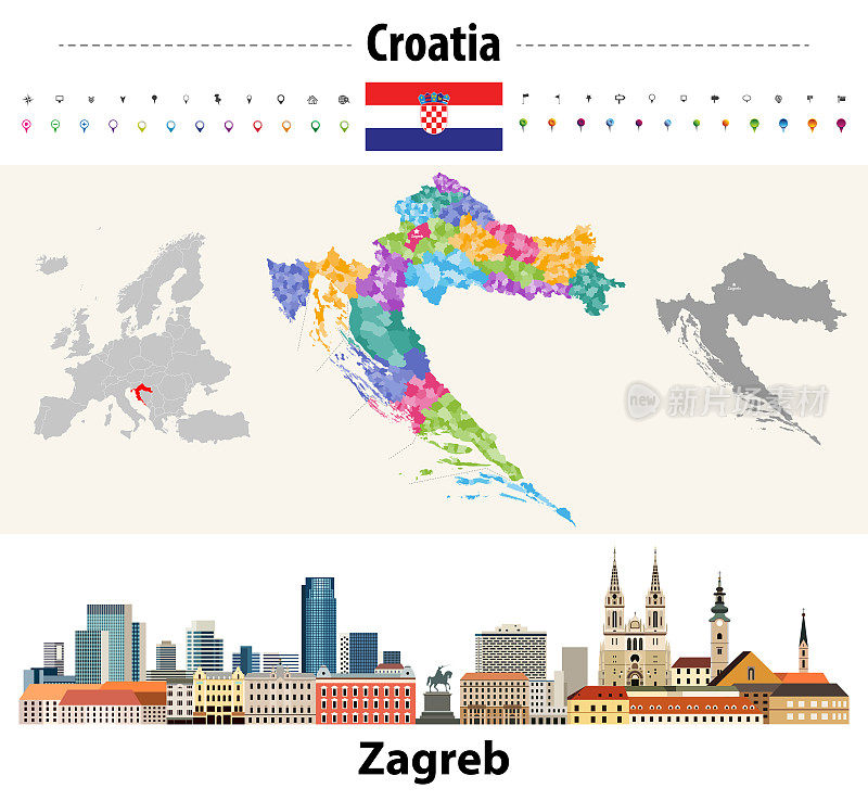克罗地亚彩色地图由县和市组成。克罗地亚的旗帜。萨格勒布的城市。矢量图