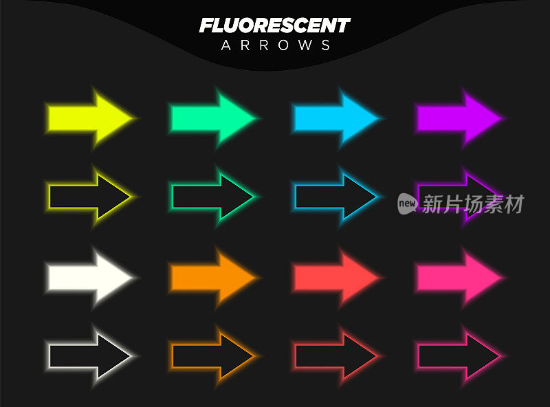 未来主义霓虹箭在现代合成波赛博朋克风格荧光绿色，黄色，蓝色，红色，紫色，橙色和白色的深色设计