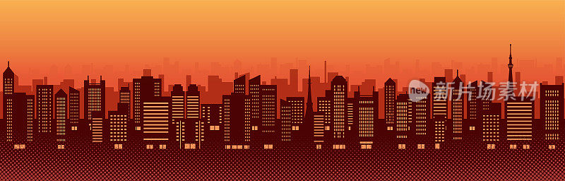 摩天大楼城市景观插图(日落)