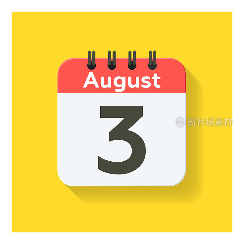 8月3日-日日历图标在平面设计风格。黄色背景。