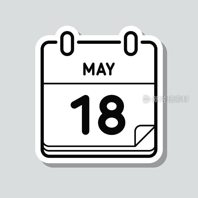 5月18日。灰色背景上的图标贴纸