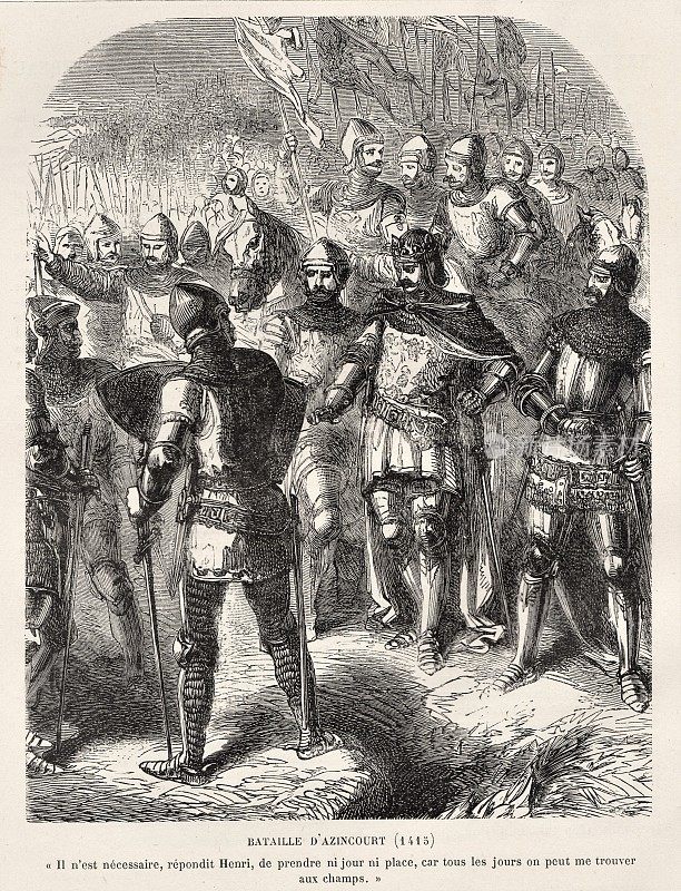 1415年，英国国王亨利五世在阿金库尔战役中率领军队，百年战争，法英历史