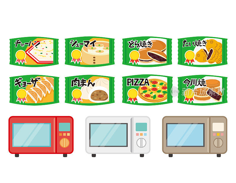 冷冻食品和微波矢量图。日本的肉包、炒饭、煎饺、蒸饺。