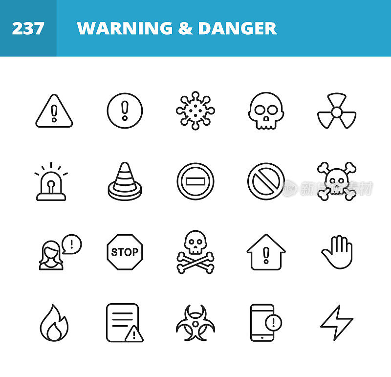 警告和危险线图标。可编辑的中风。像素完美。移动和网络。包含如警告标志，危险，警报，事故，警告，停止，通信，计算机病毒，黑客，身份窃贼，生物危害，保护，错误信息等图标。