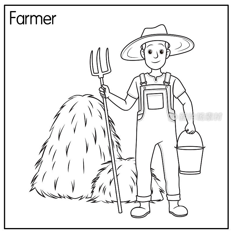 矢量插图的农民孤立在白色的背景。工作和职业概念。卡通人物。教育和学校的孩子涂色页，打印，活动，工作表，抽认卡。