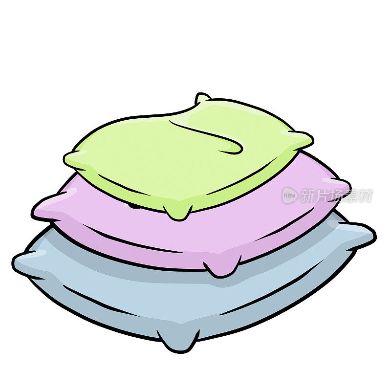 的枕头。大大小小的物体。卡通平面插图。蓝色和粉色的软垫。卧室和床的睡眠元素