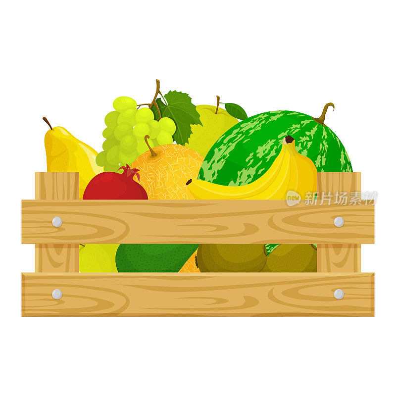 一个装满各种水果的木箱。以种植、收获和销售有机新鲜产品为主题的模板。矢量插图卡通风格。