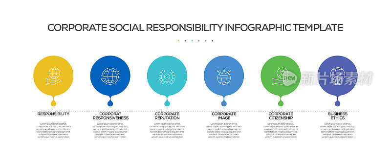 企业社会责任相关过程信息图表模板。过程时间图。带有线性图标的工作流布局