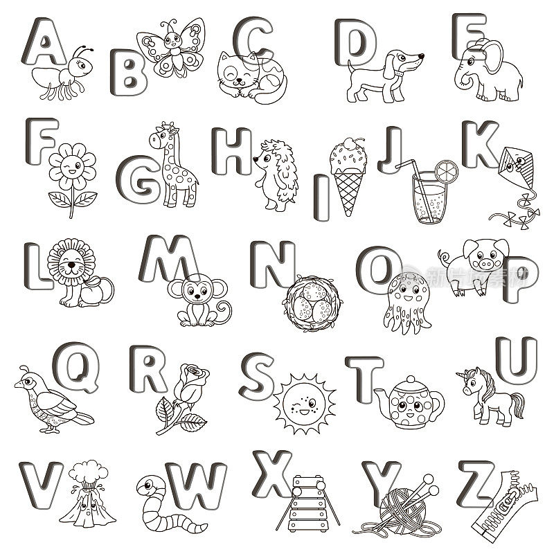 ABC海报矢量。英文字母的大写字母和可爱的卡通动物和东西。涂色页幼儿园和学前教育。学习英语的卡片
