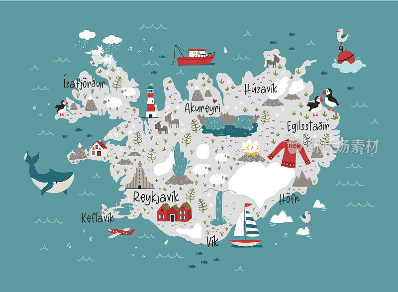 可爱的手绘冰岛设计，涂鸦动物，房子，山-伟大的横幅，墙纸，打印，卡片-矢量设计