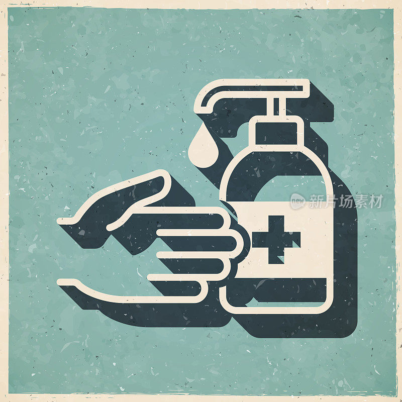 用洗手液消毒。复古风格的图标-旧的纹理纸