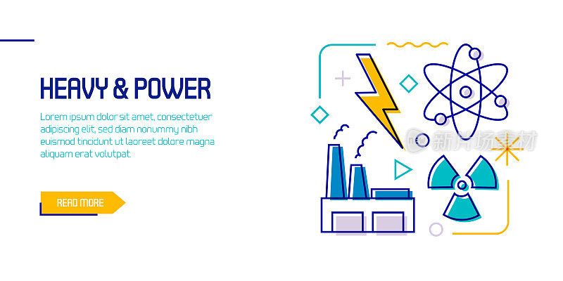 重型和电力工业相关设计元素。带有轮廓图标的图案设计。色彩斑斓的矢量图