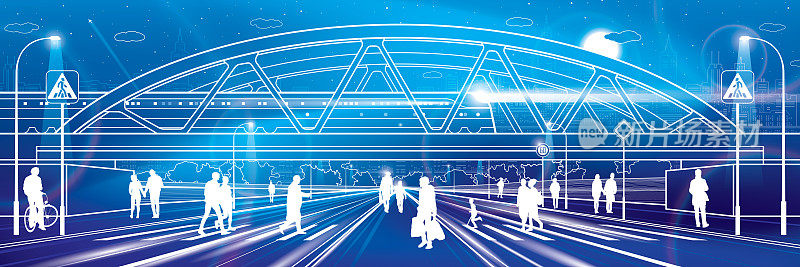 铁路桥梁轮廓。火车。现代的霓虹灯。人们在夜间的街道上行走。城市基础设施和交通图解。城市场景。矢量设计艺术。白色线条在彩色背景上