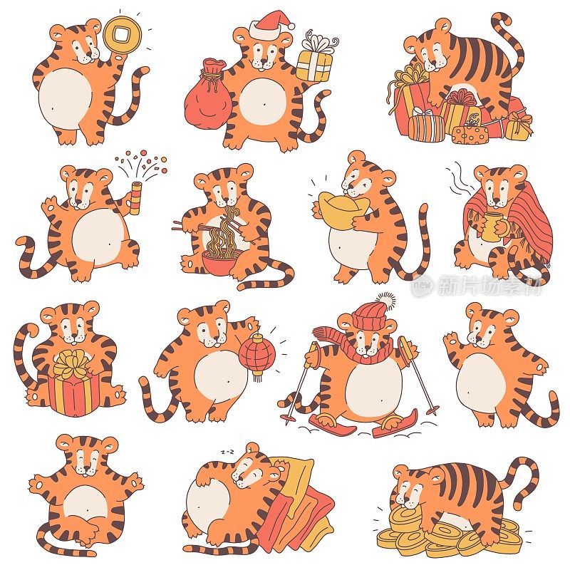 老虎与中国新年的象征。可爱的不同底格里斯河手拿钱和礼品盒，吃面条，放烟花。矢量轮廓卡通插图