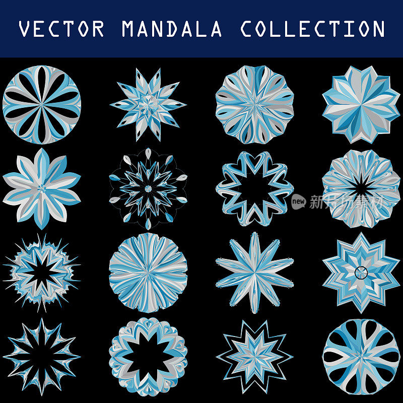 矢量蓝线花卉图案曼荼罗图标集合设计