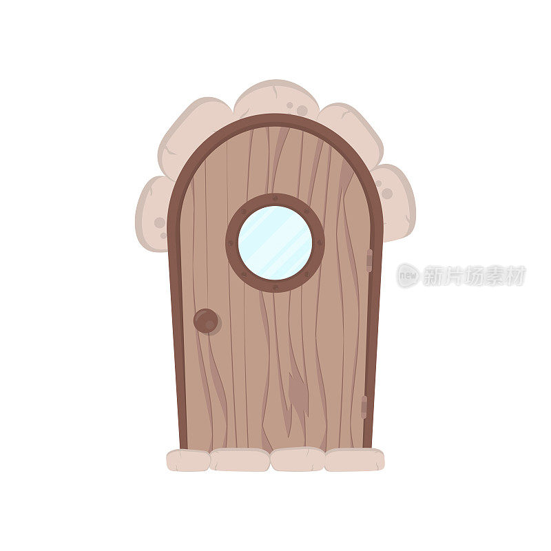 带圆窗的古色古香的木门。石头包层。木材纹理。孤立的,矢量插图。