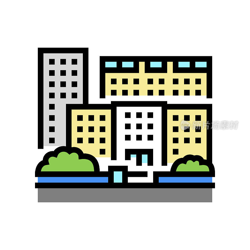 住宅小区公寓建筑颜色图标矢量插图