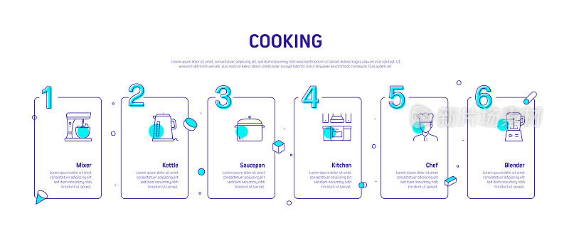 烹饪相关的过程信息图表模板。过程时间图。带有线性图标的工作流布局
