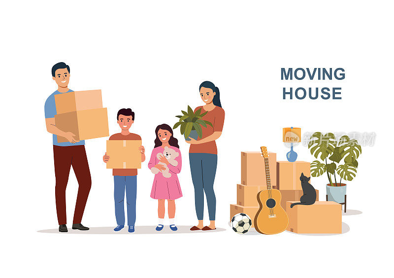 幸福的家庭与箱子隔离。移动的房子。矢量平面风格插图