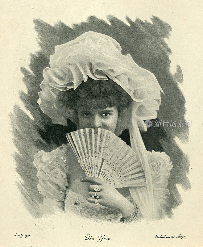 年轻女子把脸藏在扇子后面，可爱的眼睛，维多利亚时代，19世纪