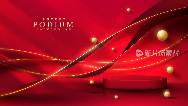 红色产品展示平台，金色曲线线条和3d球元素，散景装饰和闪光灯光效果。