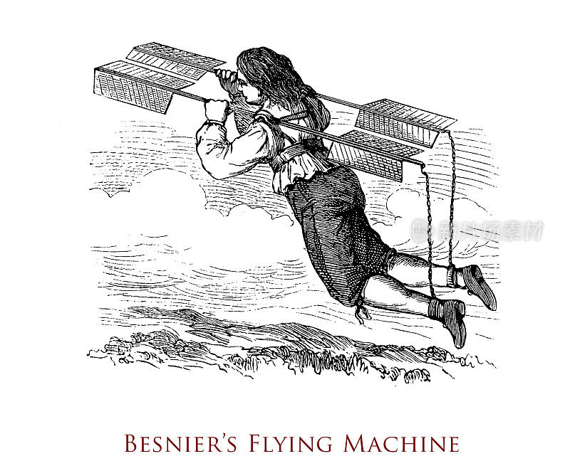 贝尼埃的飞行器:贝尼埃，一个法国锁匠，在1678年成功地开发了一种飞行装置，这种飞行装置是基于鸟类所使用的拍动原理，这种拍动原理可以在空中停留很长一段时间
