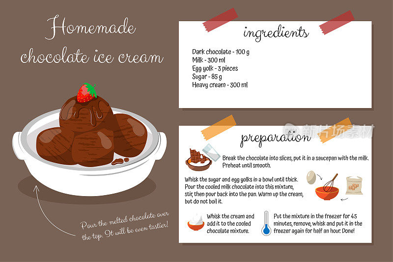 自制巧克力冰淇淋，食谱，一步一步准备。烹饪是很容易的。儿童食谱