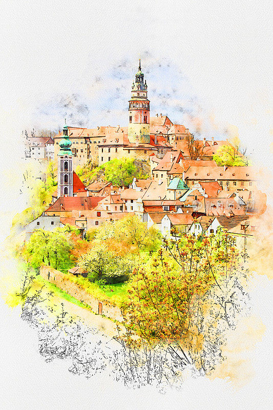水彩画风景的cesky克鲁姆洛夫著名地标在捷克共和国。