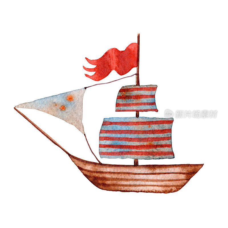 船的水彩插图。可爱的手绘帆船。孤立的对象。图形海盗护卫舰。老卡通帆船。旅行木护卫舰。红旗。条纹的帆。童话里的海船。