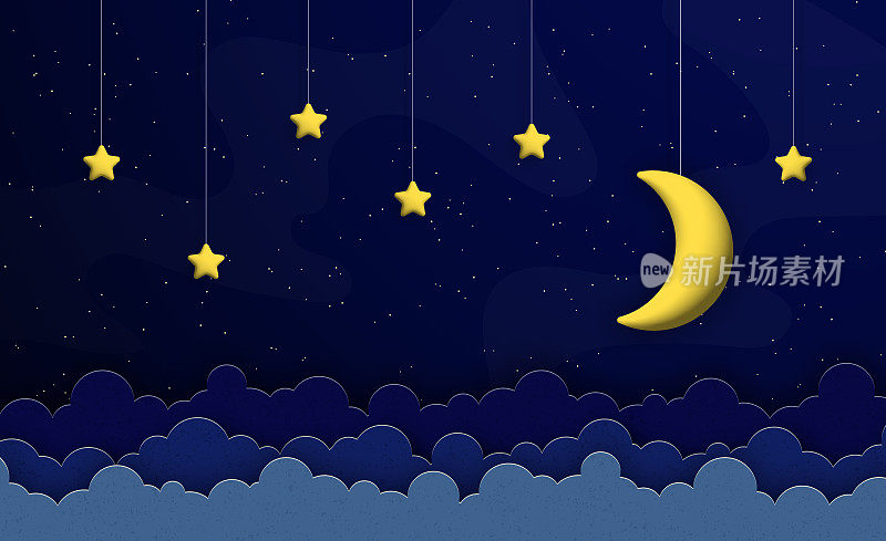 月亮和星星挂在夜空的弦上。