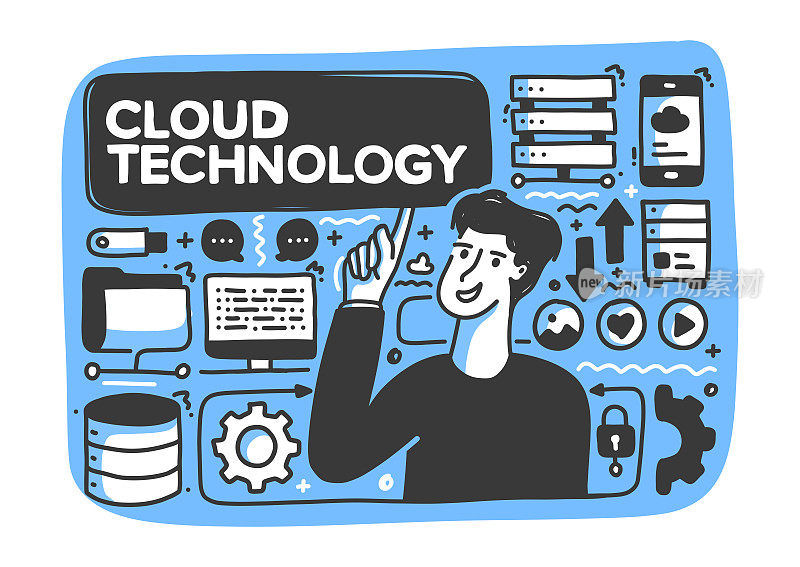 云技术的概念。一个拥有云技术图标的年轻人。手绘涂鸦设计。