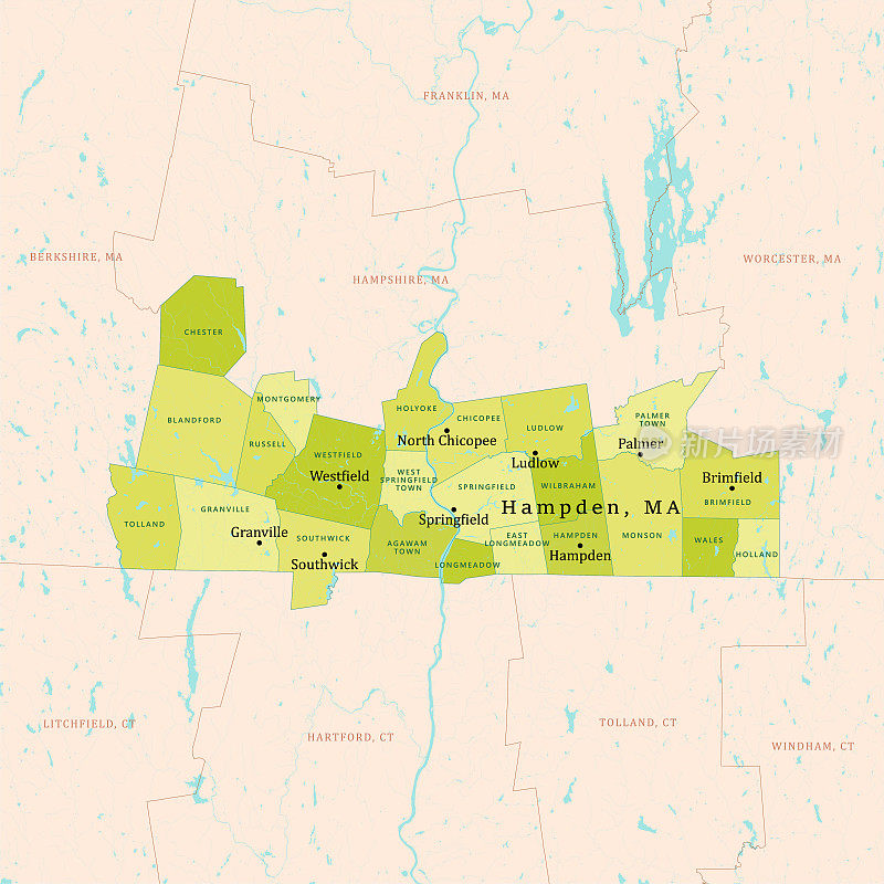 马萨诸塞州汉普顿矢量地图绿色