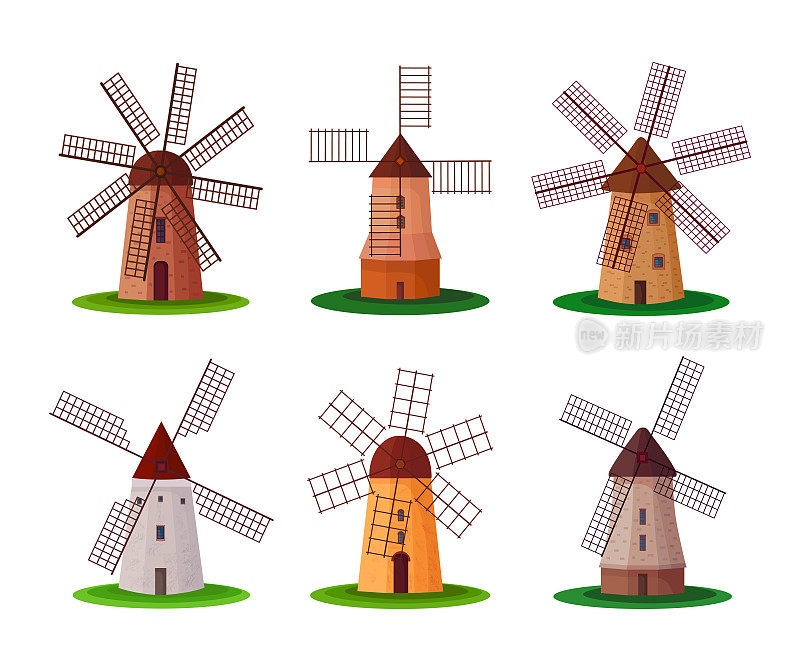 一套不同类型的风车白色背景。矢量cvintage石和木制风车，用于将小麦颗粒磨成扁平的面粉。